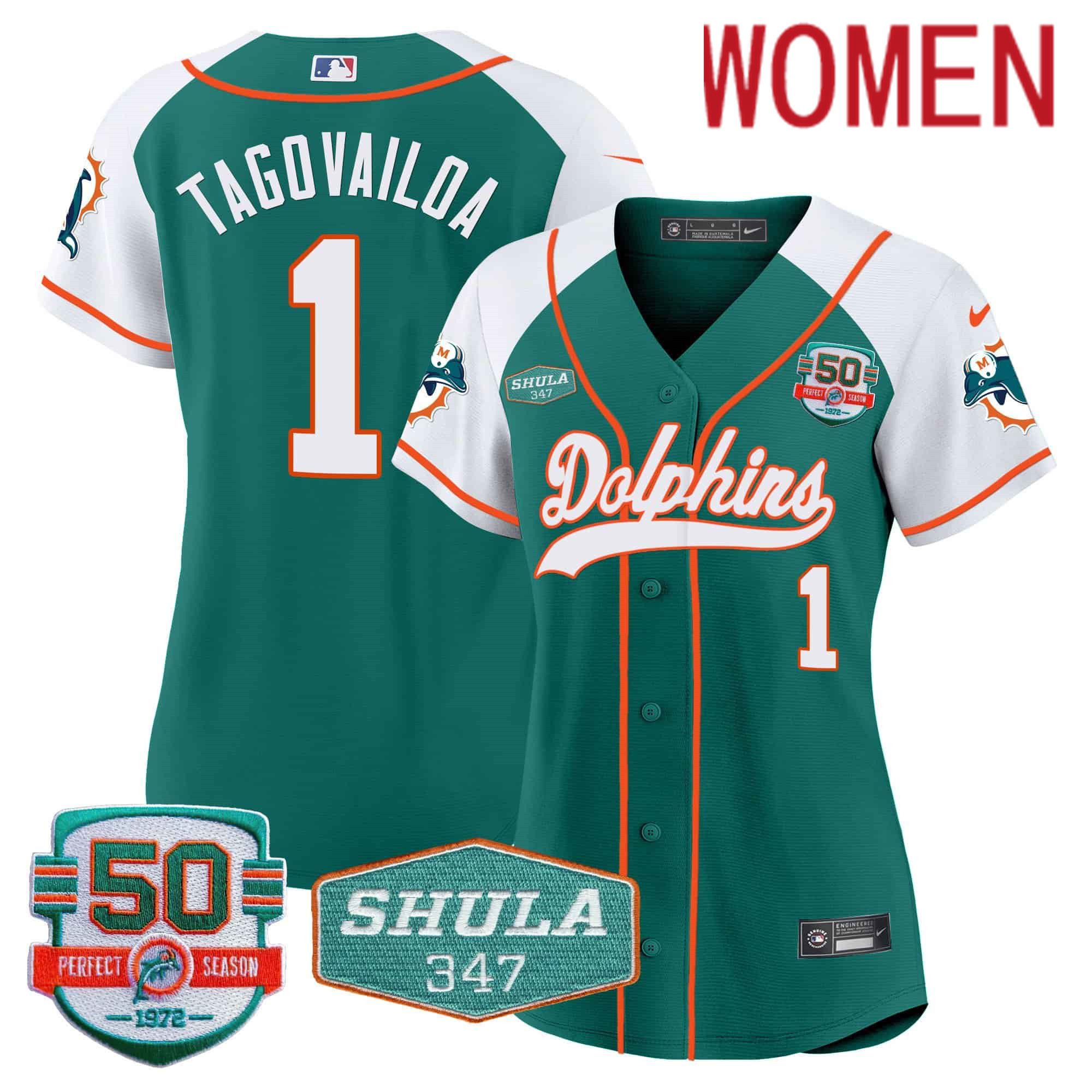 Women Miami Dolphins #1 Tagovailoa Green 2024 Nike 50th Don Shula Memorial Patch Baseball NFL Jersey->women nfl jersey->Women Jersey